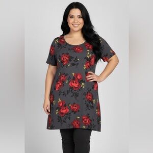 Torrid Dark Gray Tunic Dress with Red Floral Print
